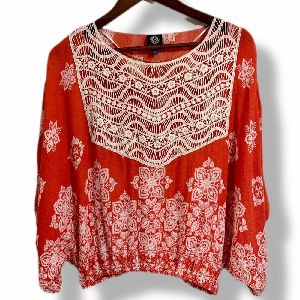 Bobeau Boho Coral Floral Crochet Trim Blouse M